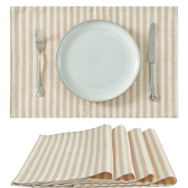 TOPICK Linen Striped Placemats Set of 4 Cloth Place Mats Durable Textured Fabric Table Mats Soft Washable Placemats for Kitchen Dining Table Double Layer Heat Resistant Tablemats 13x19 Inch Taupe