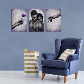 Kalormore African American Woman and Man Painting Purple Golden Sweet Love Couple Canvas Wall Art Giclee Prints Gallery Wrap Artwork for Bedroom Living Room Bathroom Decoration (24"x16"x3)
