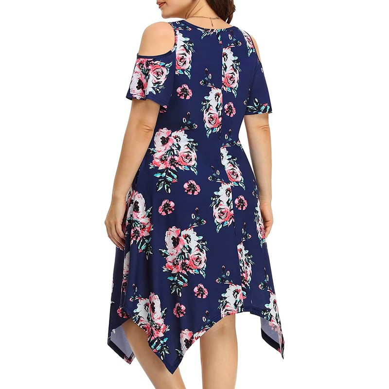 Sun Dresses Women Plus Size Blue Floral Print Beach Cold