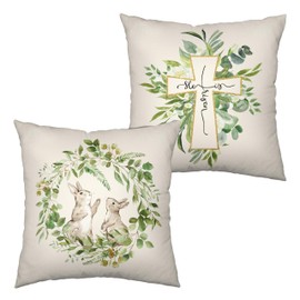 Kwlegh He is Risen Easter Cross Throw Pillow Covers 18x18 Set of 2 Easter Bunny Rabbit Pillow Case Spring Green Wreath Decorative Cushion Case for Living Room Couch Patio