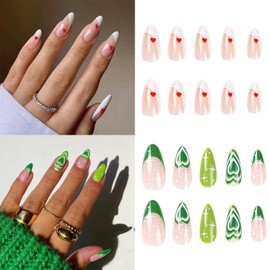 48 Pcs Press on Nails Medium,Valentine’s Day Fake Nails with Heart Deigns Medium Length Valentines Glue on Nails Almond Nail Tips Full Cover Acrylic Press on False Nails for Women Girls
