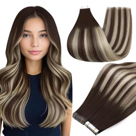 Full Shine Full Shine Hair Extensions Tape ins Color 2/60/2 Tape in Hair Extensions Real Human Hair 50G Glue in Extensions Seamless Tape ins Human Hair 18Inch Remy Invisible Human Hair 20Pcs for Women Add Length