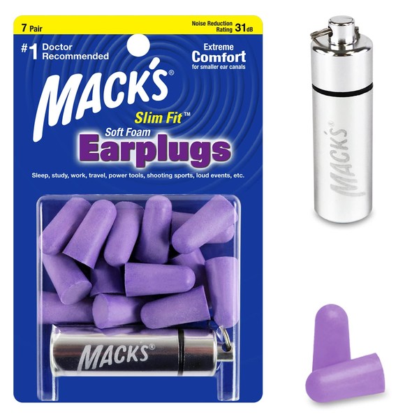 Mack’s Slim Fit Soft Foam Earplugs, 7 Pair with Travel Case – Small Ear Plugs for Sleeping, Snoring, Traveling, Concerts, Shooting Sports and Power Tools