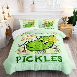 AILONEN Pickle Comforter Set Full Size, Cartoon Vegetable Printed Bedding Set,Just A Girl Who Loves Pickles Comforter Sets for Girls Kids,Cute Cucumber Pattern Duvet Set 3Pc,1 Quilt and 2 Pillowcases