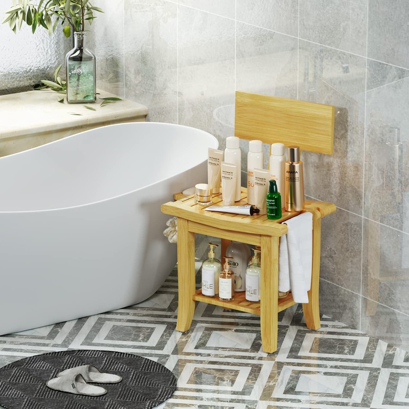 ETECHMART Bamboo Shower Bench with Back and Soap Dish, 2-Tier
