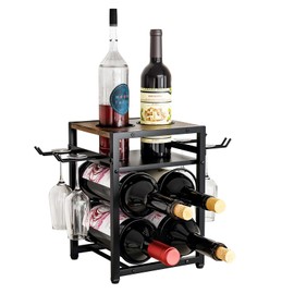 KLM Wine Rack Countertop, 6 Bottle 4 Glass Holder, Modern Wood Storage Stand with Tray, Black