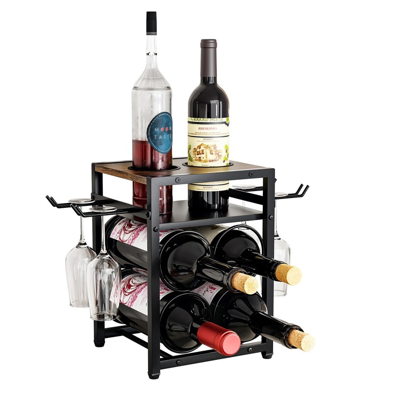 KLM Wine Rack Countertop, 6 Bottle 4 Glass Holder, Modern