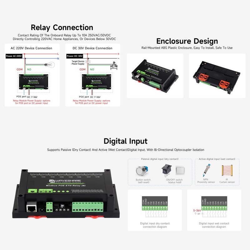 Waveshare 8-Ch Ethernet Relay Module (B) with Digital Input, Modbus