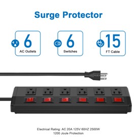 CCCEI Metal Power Strip Individual Switches 6 Outlets, Heavy Duty Power Strip 20Amp Surge Protector for Appliances, 15FT Extension Cord Strip, 1200J Surge Protector 20A 125V 2500W.