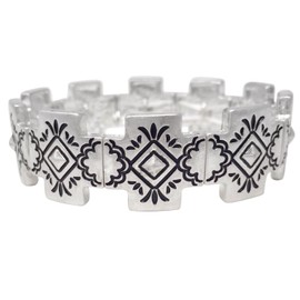 Gypsy Jewels Tribal Print Silver Tone Stretch Bracelet (Squared Cross)