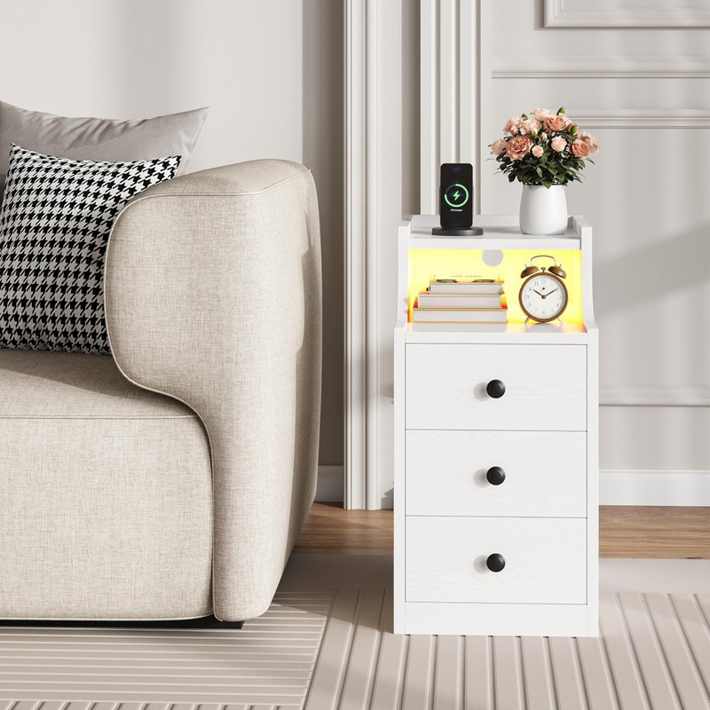 LIKIMIO Narrow Nightstand with Charging Station and LED Lights, Modern