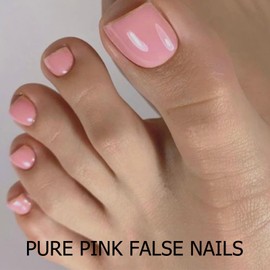 Pink Press On Toe Nails Short - Square False Toenails With Glue - Solid Color Glue On Fake Toenails - Light Weight & Full Cover Stick On Toenails For Women Manicure Decoration