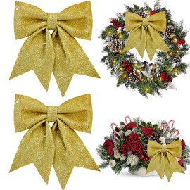 TONIFUL 2pcs Glitter shiny Bow Gold Sparkling Christmas Bow for Gift Wrapping, Christmas Wedding Valentine's Decoration, Indoor Decoration, Bouquet Wrapping, Party Supplies(8x10 Inch/pcs)