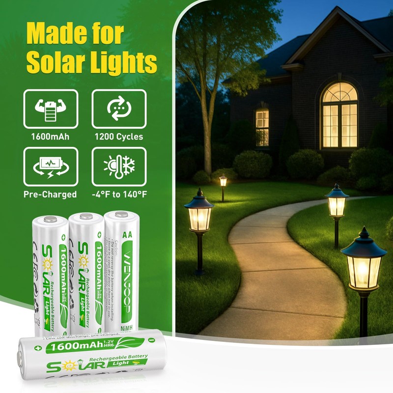 WENJOOP 8 Pack AA Rechargeable Batteries for Solar Lights