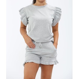 BESTITALIANUK Womens Plain Peplum Frill Sleeve Top Shorts Co ord Set New Ladies 2PCS Tracksuit Plus size 8-22 UK (Grey, 16-18 UK)