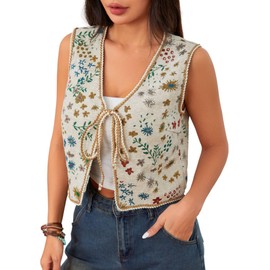 Verdusa Women's Tie Front Jacquard Vest Waistcoat Boho Sleeveless Jacket Beige Large
