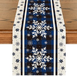 Artoid Mode Buffalo Plaid Snowflakes Blue Christmas Table Runner, Seasonal Winter Kitchen Dining Table Decoration for Home Party Decor 13x90 Inch