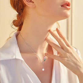 URONE Tulip Flower Necklace Sterling Silver Pearl Pink Tulips Pendant Lariat Y-Necklace Flower Long Chain Jewellery for Women Mother
