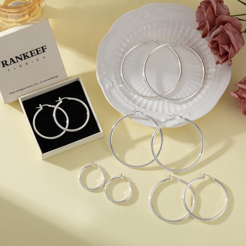 RANKEEF Sterling Silver Hoop Earrings for Women Lightweight 30/40/50/60/70MM Thick