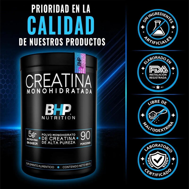 Creatina Monohidratada BHP Nutrition de 450g para Rendimiento Deportivo
