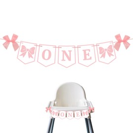 Bow One High Chair Banner, Pre-Strung Pink First Birthday High Chair Banner for Girls Sweet 1st Highchair Bow Party Decorations Photo Prop Room Decor