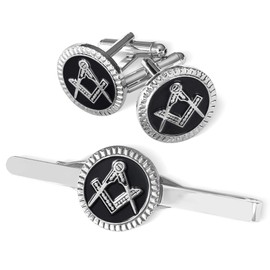 The Masonic Collection - Square & Compass Cufflinks and Tieslide Set for Men - Silver Plated - Comes in Gift Box - Quality Freemason Gifts for Men