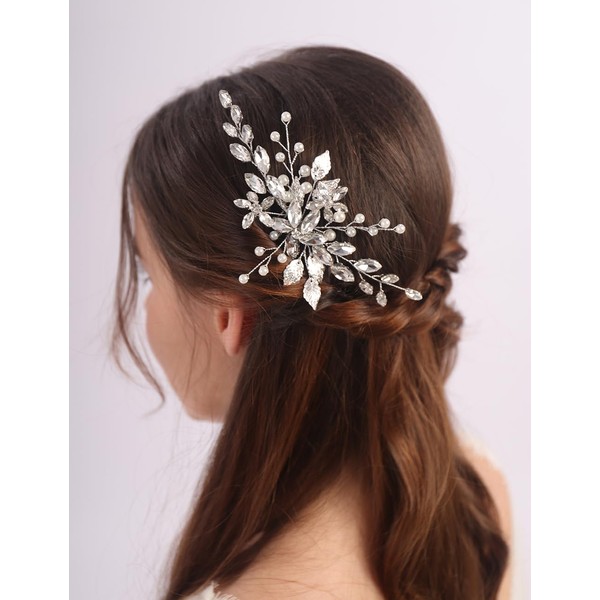 Teyglen Bridal Wedding Hair Combs Flower Rhinestones Crystal Side Hair