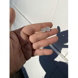 Real Solid 925 Sterling Silver - Men's Square Baguette Earrings - 14k Yellow Gold Plated - Iced CZ 10mm Earrings Screw Backs - Flooded Out Hip Hop Aretes Para Hombre