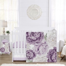 Sweet Jojo Designs 4-Piece Baby Crib Bedding Set (Purple Lavendar Boho Floral) for Girls, Infants/Nursery incl. Blanket, Fitted Sheet, Skirt, Diaper Stacker (Vintage, Elegant, Shabby Chic, Wildflower)
