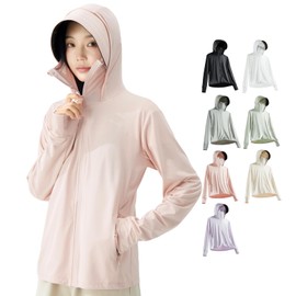 LLHfashion Women's Rash Guard, UV Protection Hoodie, Summer, Long Sleeve, UPF 50+, Sun Protection Wear, Cool to Touch, Lightweight, Breathable, Body Cover, Hooded, Finger Holes, Pink, 2 XL