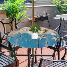 YPPAHHHH Blue Wooden Board Seashells Round Outdoor Tablecloth with Umbrella Hole 45-56 inch Patio Table Cover Hidden Zipper Waterproof Elastic Fitte Table Cloth for Picnic Garden Decor