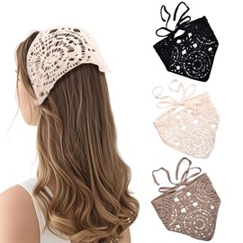 mtuihfo 3 Pieces Crochet Hair Bandana for Women, Boho Floral Knitted Head Scarf, Hollow Knotted Bandana Headband Summer Beach Holiday