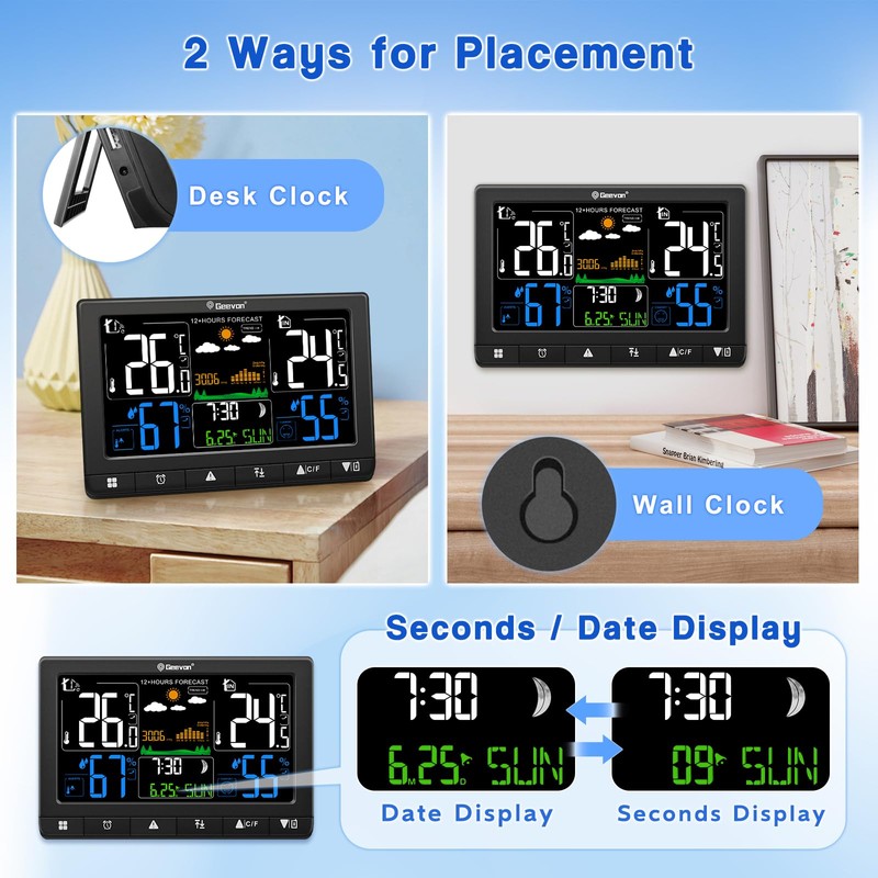 Geevon Weather Stations Wireless Indoor Outdoor Thermometer, Color VA Display