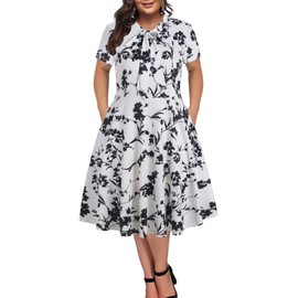 BEDOAR Bow Neck Plus Size Dresses for Wedding Guest Summer Floral Print Short Sleeve Party Holiday Dress(B007-White Floral-24W)