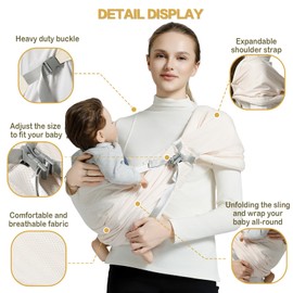 MISSWISDOM Baby Sling Carrier, Toddler Sling Toddler Carrier with Wide Shoulder Strap, Mesh Baby Carrier Newborn to Toddler Infant Wrap Carrier Perfect for Mom and Dad, Cream