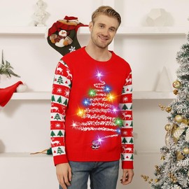 Ugly Christmas Sweater for Men and Women, LED, Glitter Xmas Jumper, Funny Christmas Sweater, Flashing Christmas Jumper for Men/Women, Black/Red, fireworks