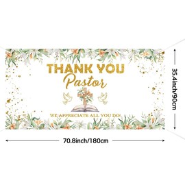 Lofaris Thank You Pastor Banner - 70.8x35.4 Inches, Religious Appreciation Sign with Watercolor Lilies, Cross & Doves, Gold Glitter Text, Church Decor