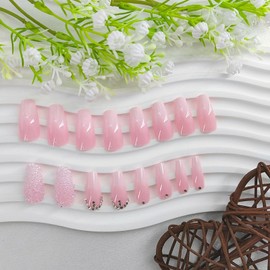 Medium Press on Nails Coffin Fake Nails with Rhinestones Designs Full Cover Glue on Nails Glossy Nails Press ons Pink White Acrylic Nails Daily Wear Natural Stick on Nails for Women 24Pcs