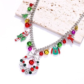 NLCAC Christmas Jingle Bell Necklace Women Statement Chunky Crystal Teardrop Pendant Necklace Xmas Gift Jewelry (Silver Necklace)