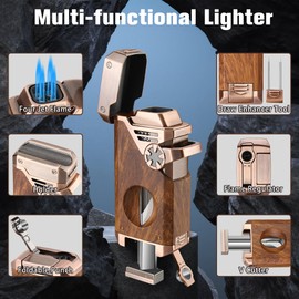 FLABOX 5-in-1 Torch Lighter with V Cutter Holder Punch and Draw Enhancer Tool,Four Windproof Jet Flame Multi-Functional Lighter,Refillable Butane Lighter with Gift Box for Men Mahogany,Without Butane