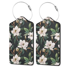 2 Pack Leather Luggage Tag for Suitcase Magnolia Floral Unique Travel Tags with Privacy Cover ID Label & Stainless Steel Loop for Men and Women Baggage
