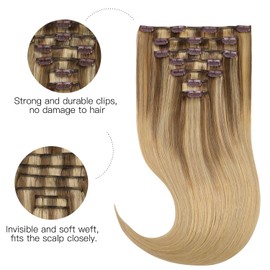 HOTBANANA Human Hair Clip in Hair Extensions, Balayage Coffee Brown Highlighted Sandy Blonde 120g Clip in Hair Extensions Real Human Hair Straight Remy Hair 22 Inch 7pcs