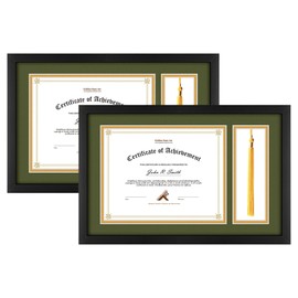 Golden State Art, 11x17.5 Black Diploma Frame with Tassel Holder for 8.5x11 Diploma and Tassel Frame, Graduation Shadow Box with Solid Wood and Tempered Glass, Dark Green Over Gold Mat, 2 Pack