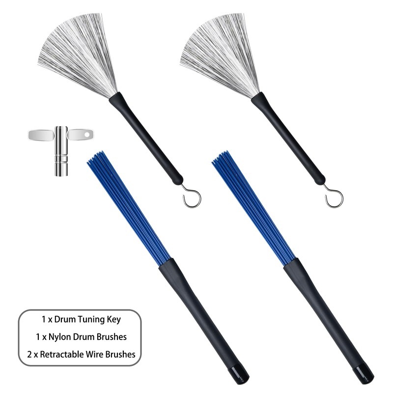 CashBeat 2-Pair Retractable Drum Brushes Wire Nylon with Drum Tuning
