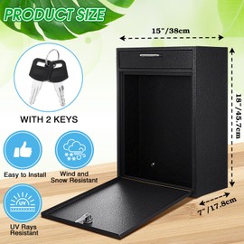 Yaocom Locking Mailbox with Key for Outdoor 18 x 15 x 7 Inches Large Wall Mount Mail Box with Lock Security Mail Drop Metal Collection Boxes Hanging Secure Postbox(Black)