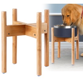 Dog Bowl Stand for Large Dogs (See Size Guide) - Use to Elevate, Raise Dog Food and Water, Deter Ants/Bugs - Expandable Sideways, Fits Various Sizes of Slow Feeders, Dishes/Fountains - Bamboo