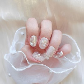 Michianil Nail Tip, Date Nail, Girls' Association Nail, Dusty Color Nail for Weddings, Bridal Nail Feature, Invited Bridal Nails, 10 Pieces, Double-sided Tape, Popular, Handmade (Gold, S)