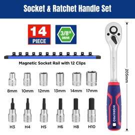 WORKPRO 14-Piece 3/8＂Drive Metric Sockets and Ratchet Set -Including 12 Short Sockets ＆ Bit Sockets, 72 Teeth Ratchet Wrench Set with Magnetic Socket Rail for Home Repair