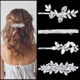 4 PCS Rhinestone Hair Clips Set, Silver Bride Wedding Hair Accessories Leaf and Flower Wedding Hair Pins, Crystal Bobby Pins, Silver Bridal Hair Accessories for Brides, Bridesmaids, Flower Girls