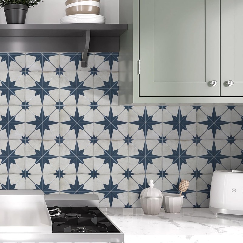 The Tiles Plaza Encaustic Peel and Stick Backsplash, Blue Star